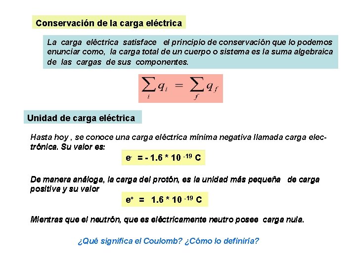 Conservación de la carga eléctrica La carga eléctrica satisface el principio de conservación que Conservación de la carga eléctrica La carga eléctrica satisface el principio de conservación que