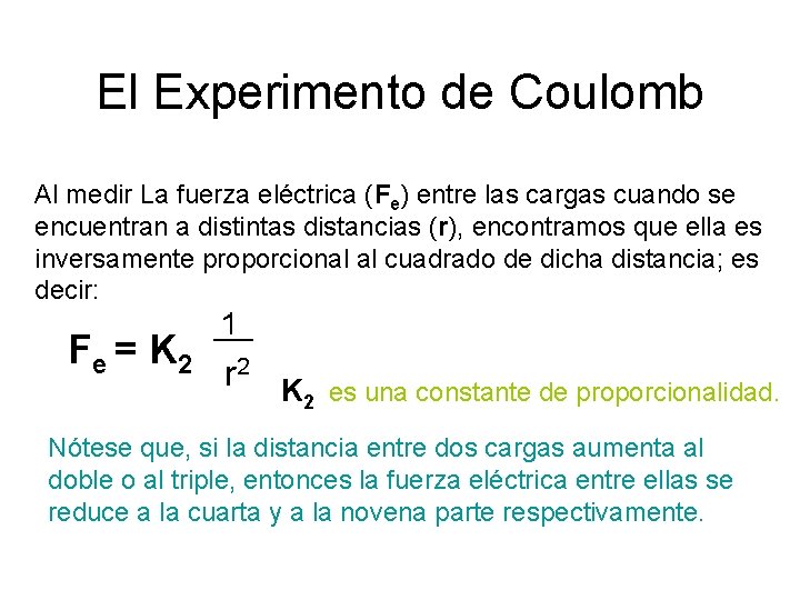 El Experimento de Coulomb Al medir La fuerza eléctrica (Fe) entre las cargas cuando