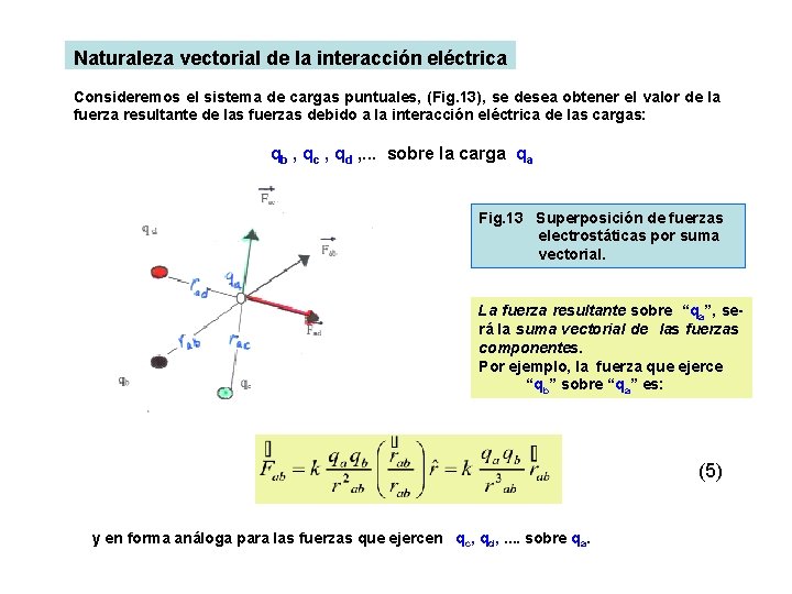 Naturaleza vectorial de la interacción eléctrica Consideremos el sistema de cargas puntuales, (Fig. 13),