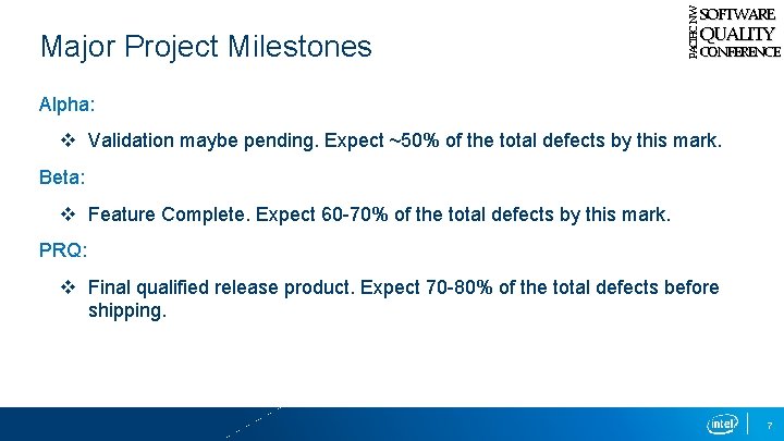 Major Project Milestones PACIFIC NW SOFTWARE QUALITY CONFERENCE Alpha: v Validation maybe pending. Expect