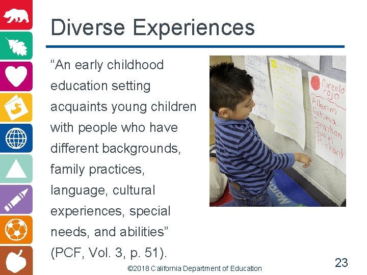 Diverse Experiences “An early childhood education setting acquaints young children with people who have