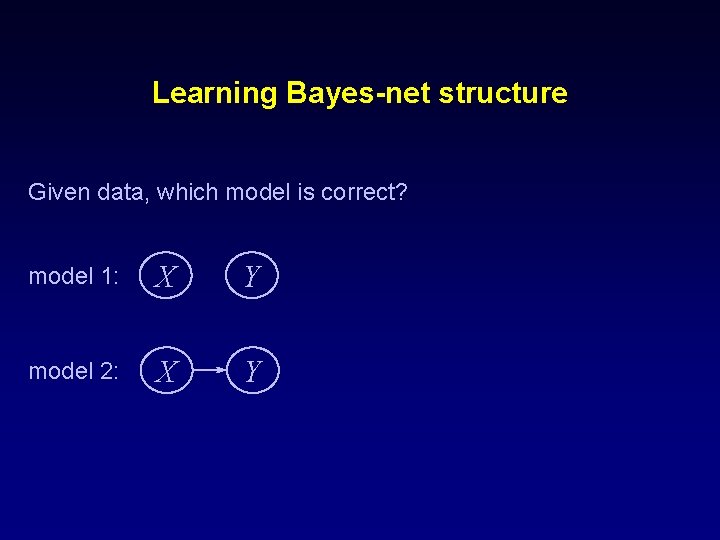 Learning Bayes-net structure Given data, which model is correct? model 1: X Y model