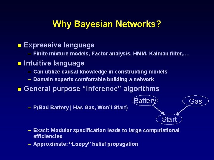 Why Bayesian Networks? n Expressive language – Finite mixture models, Factor analysis, HMM, Kalman