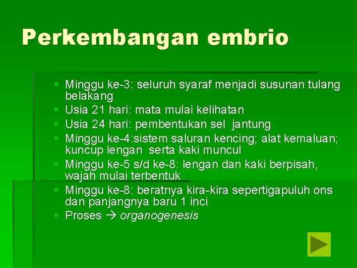 Perkembangan embrio § Minggu ke-3: seluruh syaraf menjadi susunan tulang belakang § Usia 21