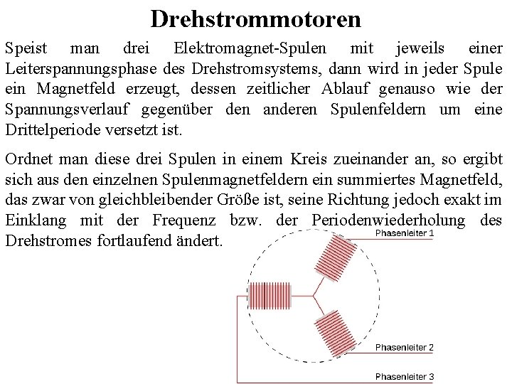 Drehstrommotoren Speist man drei Elektromagnet-Spulen mit jeweils einer Leiterspannungsphase des Drehstromsystems, dann wird in Drehstrommotoren Speist man drei Elektromagnet-Spulen mit jeweils einer Leiterspannungsphase des Drehstromsystems, dann wird in
