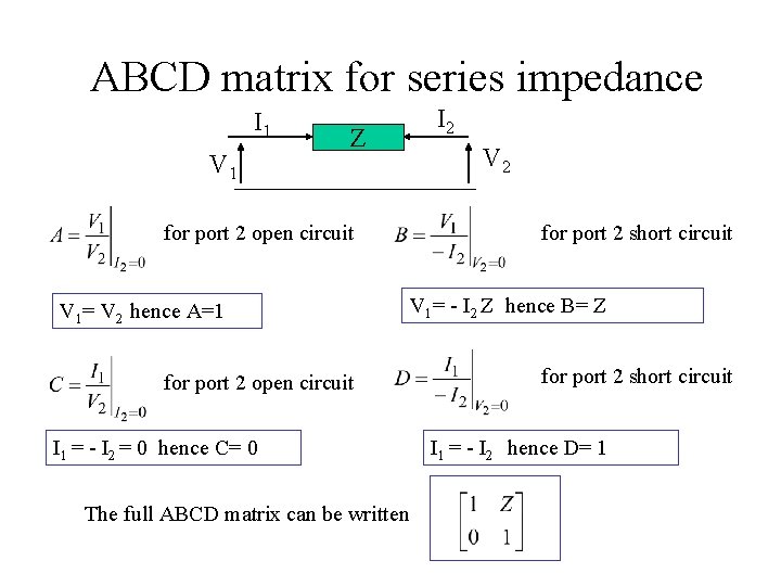 ABCD matrix for series impedance I 1 V 1 Z for port 2 open ABCD matrix for series impedance I 1 V 1 Z for port 2 open