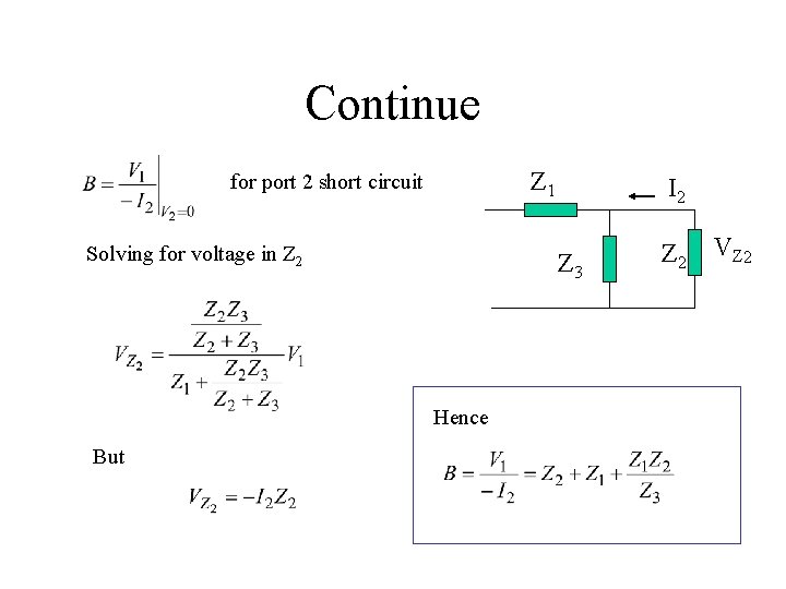 Continue Z 1 for port 2 short circuit Solving for voltage in Z 2 Continue Z 1 for port 2 short circuit Solving for voltage in Z 2