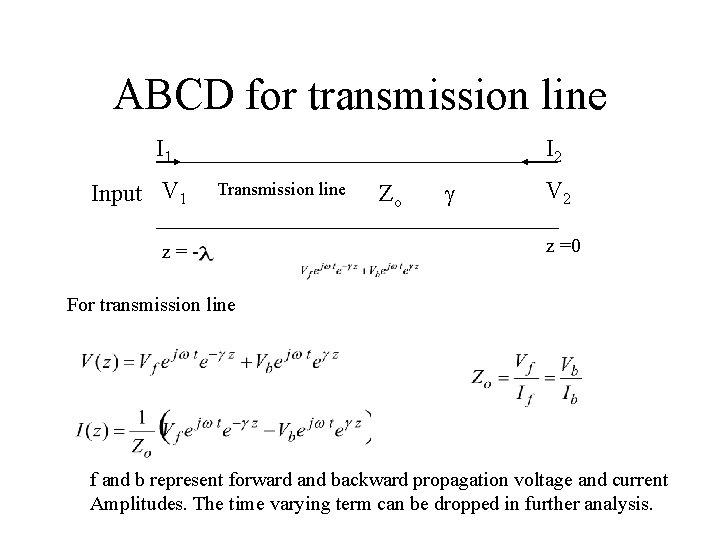 ABCD for transmission line I 1 Input V 1 I 2 Transmission line z=- ABCD for transmission line I 1 Input V 1 I 2 Transmission line z=-