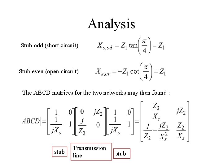 Analysis Stub odd (short circuit) Stub even (open circuit) The ABCD matrices for the Analysis Stub odd (short circuit) Stub even (open circuit) The ABCD matrices for the