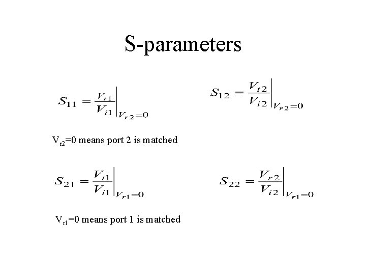 S-parameters Vr 2=0 means port 2 is matched Vr 1=0 means port 1 is S-parameters Vr 2=0 means port 2 is matched Vr 1=0 means port 1 is