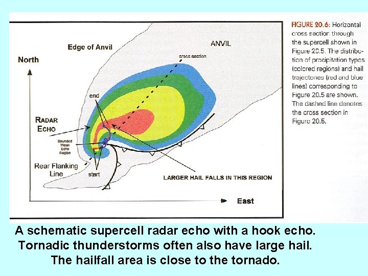 A schematic supercell radar echo with a hook echo. Tornadic thunderstorms often also have