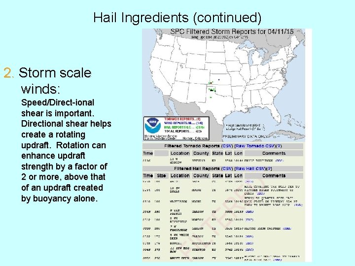 Hail Ingredients (continued) 2. Storm scale winds: Speed/Direct-ional shear is important. Directional shear helps