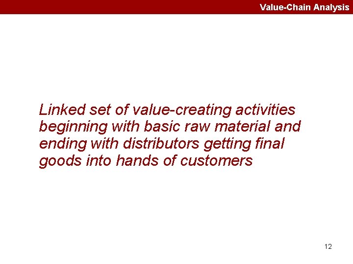 Value-Chain Analysis Linked set of value-creating activities beginning with basic raw material and ending