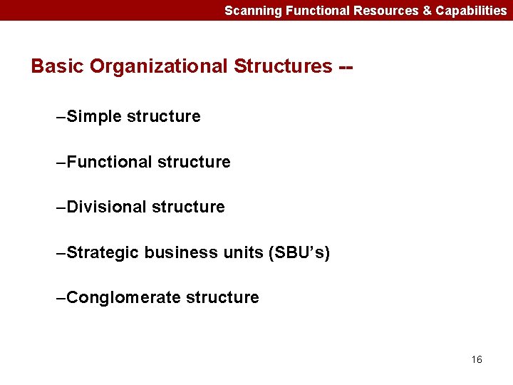 Scanning Functional Resources & Capabilities Basic Organizational Structures -–Simple structure –Functional structure –Divisional structure