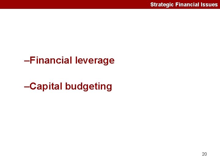 Strategic Financial Issues –Financial leverage –Capital budgeting 20 
