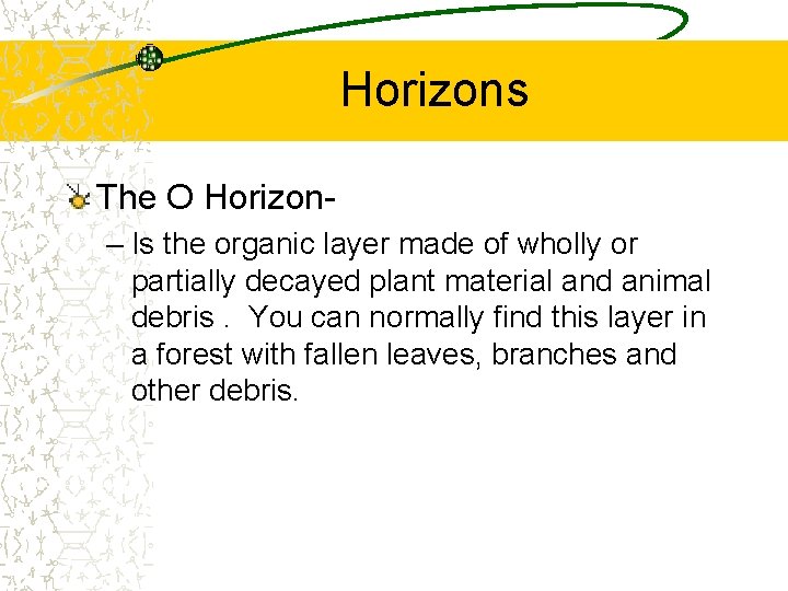 Horizons The O Horizon– Is the organic layer made of wholly or partially decayed