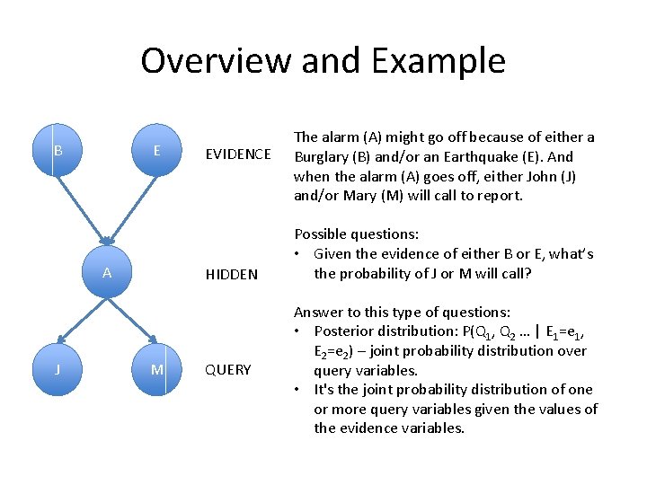 Overview and Example B E A J EVIDENCE HIDDEN M QUERY The alarm (A)