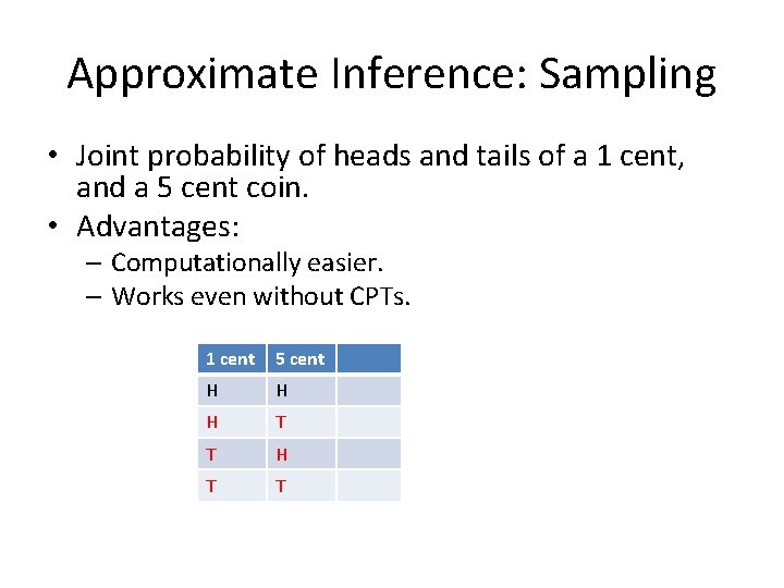 Approximate Inference: Sampling • Joint probability of heads and tails of a 1 cent,