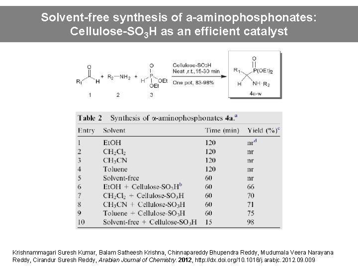 Solvent-free synthesis of a-aminophosphonates: Cellulose-SO 3 H as an efficient catalyst Krishnammagari Suresh Kumar,