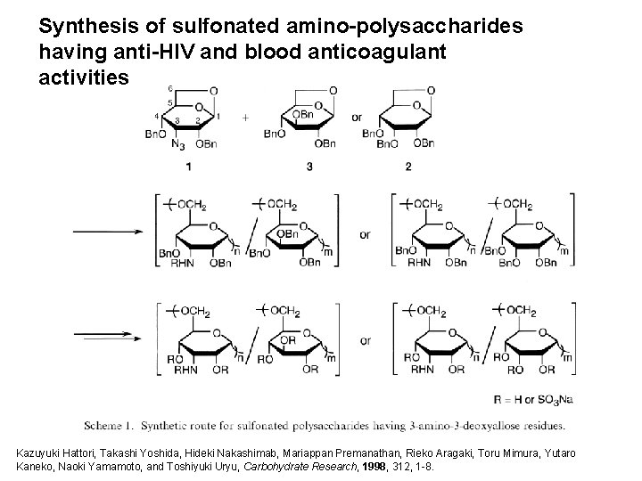 Synthesis of sulfonated amino-polysaccharides having anti-HIV and blood anticoagulant activities Kazuyuki Hattori, Takashi Yoshida,