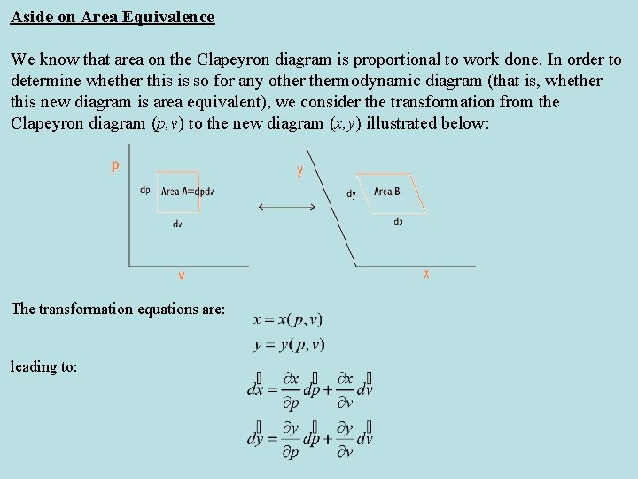Aside on Area Equivalence We know that area on the Clapeyron diagram is proportional