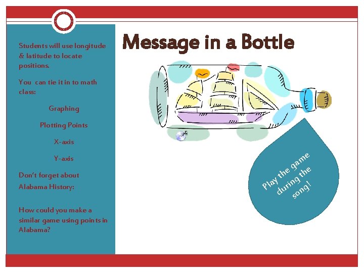 Students will use longitude & latitude to locate positions. Message in a Bottle You