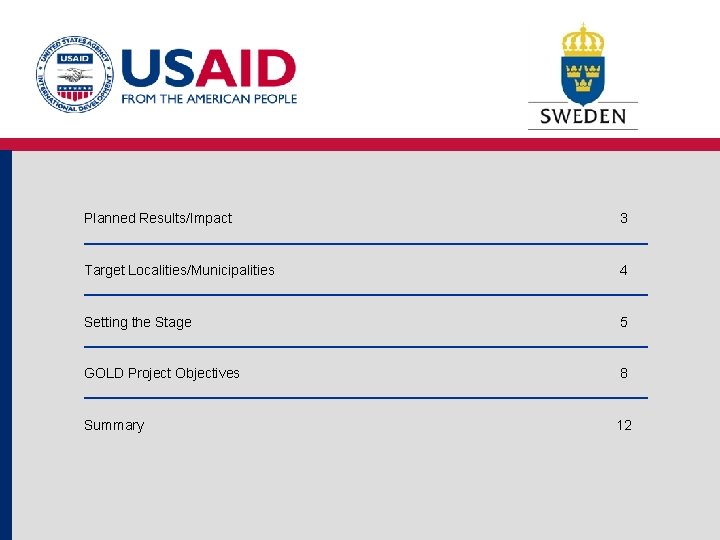 Planned Results/Impact 3 Target Localities/Municipalities 4 Setting the Stage 5 GOLD Project Objectives 8