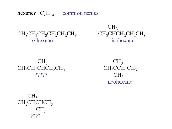 hexanes C 6 H 14 common names CH 3 CH 2 CH 2 CH