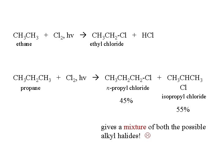 CH 3 + Cl 2, hv CH 3 CH 2 -Cl + HCl ethane