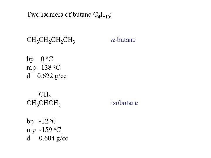 Two isomers of butane C 4 H 10: CH 3 CH 2 CH 3