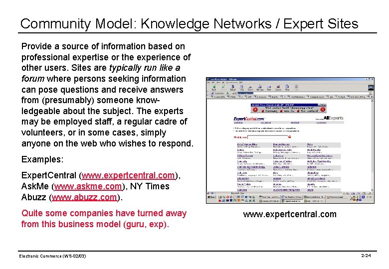 Community Model: Knowledge Networks / Expert Sites Provide a source of information based on