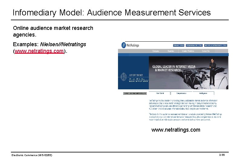 Infomediary Model: Audience Measurement Services Online audience market research agencies. Examples: Nielsen//Netratings (www. netratings.