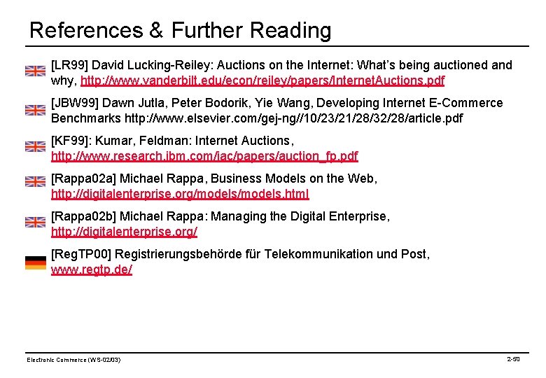 References & Further Reading [LR 99] David Lucking-Reiley: Auctions on the Internet: What’s being