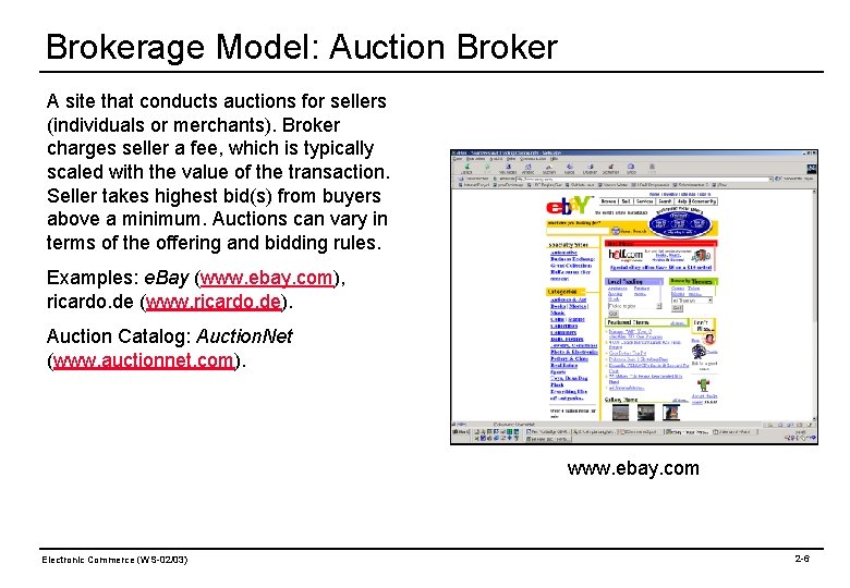 Brokerage Model: Auction Broker A site that conducts auctions for sellers (individuals or merchants).