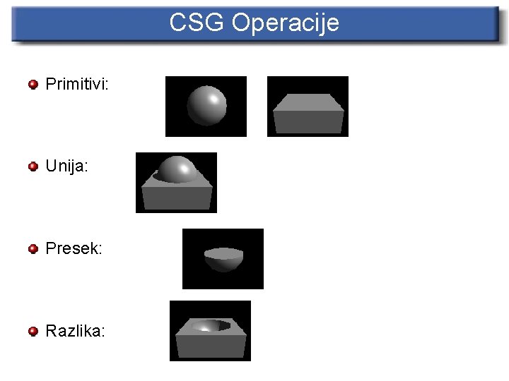 CSG Operacije Primitivi: Unija: Presek: Razlika: 