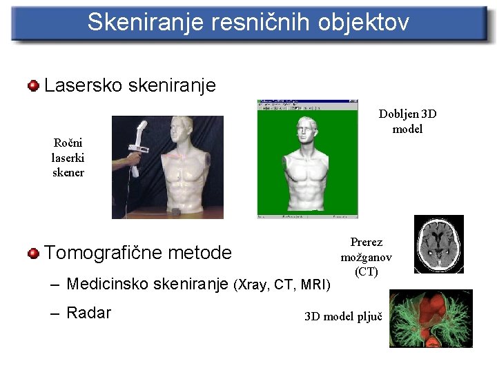 Skeniranje resničnih objektov Lasersko skeniranje Dobljen 3 D model Ročni laserki skener Tomografične metode