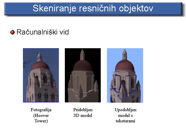 Skeniranje resničnih objektov Računalniški vid Fotografija (Hoover Tower) Pridobljen 3 D model Upodobljen model