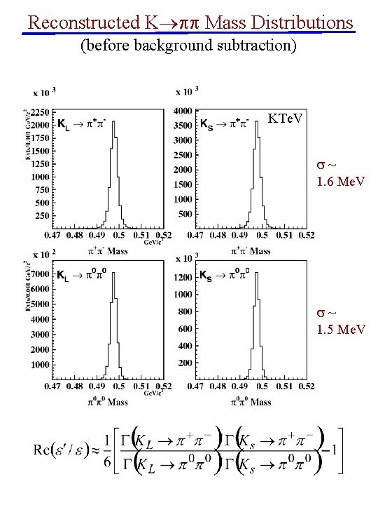 Reconstructed K Mass Distributions (before background subtraction) KTe. V ~ 1. 6 Me. V