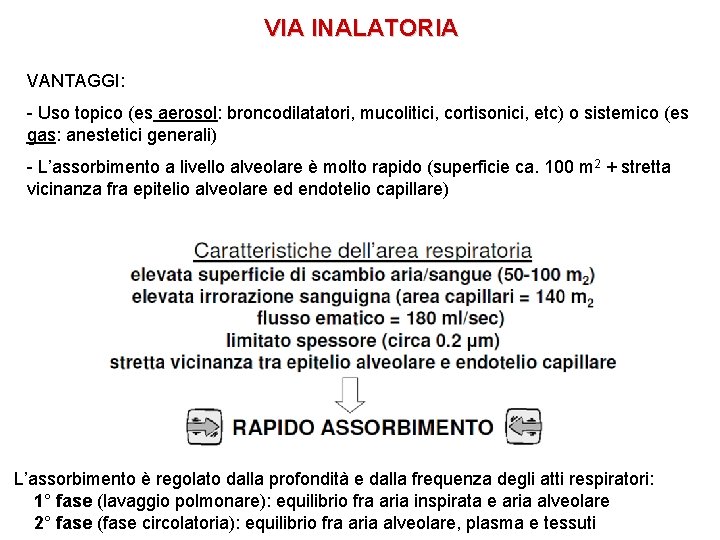 VIA INALATORIA VANTAGGI: - Uso topico (es aerosol: broncodilatatori, mucolitici, cortisonici, etc) o sistemico