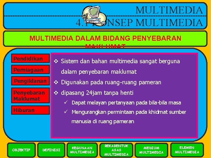 MULTIMEDIA 4. 1 KONSEP MULTIMEDIA DALAM BIDANG PENYEBARAN MAKLUMAT Pendidikan v Sistem dan bahan