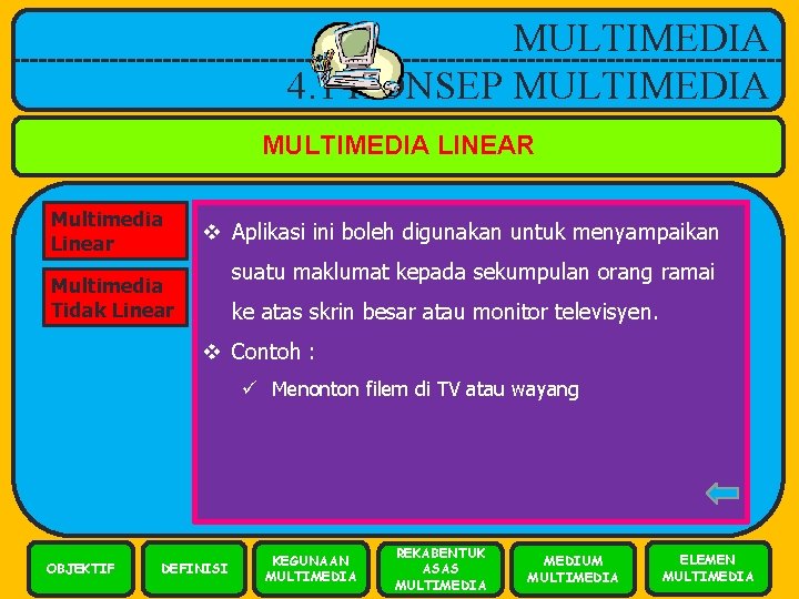 MULTIMEDIA 4. 1 KONSEP MULTIMEDIA LINEAR Multimedia Linear v Aplikasi ini boleh digunakan untuk