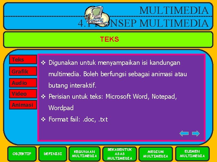 MULTIMEDIA 4. 1 KONSEP MULTIMEDIA TEKS Teks v Digunakan untuk menyampaikan isi kandungan Grafik