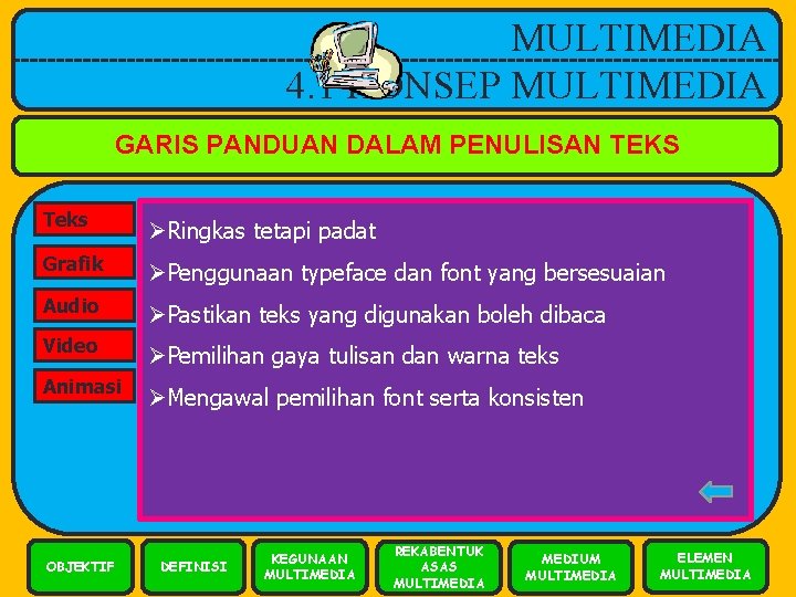 MULTIMEDIA 4. 1 KONSEP MULTIMEDIA GARIS PANDUAN DALAM PENULISAN TEKS Teks ØRingkas tetapi padat