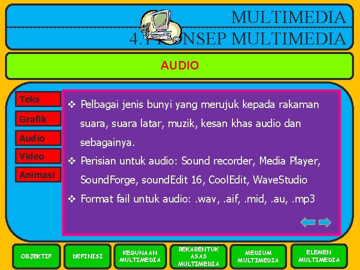 MULTIMEDIA 4. 1 KONSEP MULTIMEDIA AUDIO Teks v Pelbagai jenis bunyi yang merujuk kepada