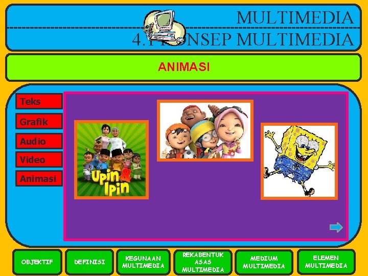 MULTIMEDIA 4. 1 KONSEP MULTIMEDIA ANIMASI Teks Grafik Audio Video Animasi OBJEKTIF DEFINISI KEGUNAAN