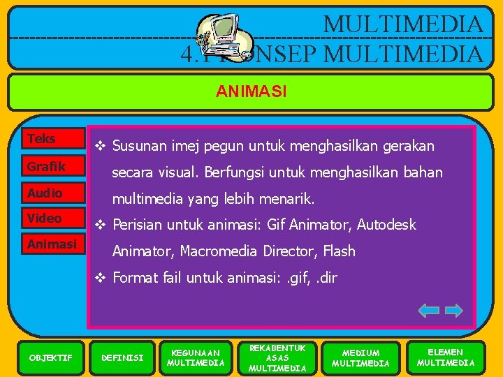 MULTIMEDIA 4. 1 KONSEP MULTIMEDIA ANIMASI Teks v Susunan imej pegun untuk menghasilkan gerakan