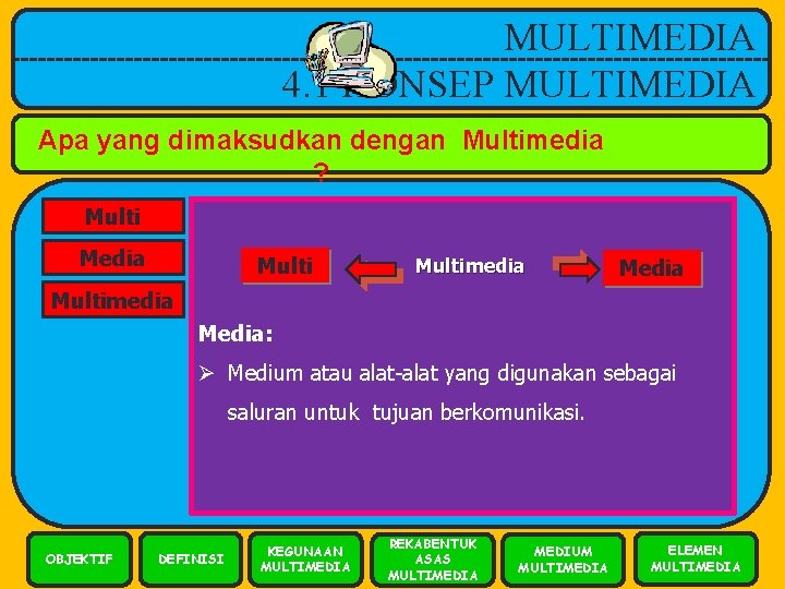 MULTIMEDIA 4. 1 KONSEP MULTIMEDIA Apa yang dimaksudkan dengan Multimedia ? Multi Media Multimedia