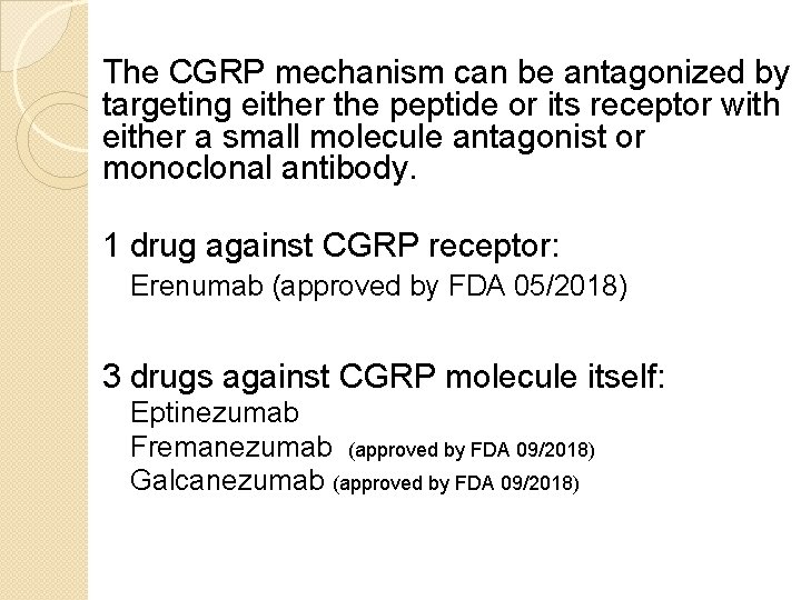 The CGRP mechanism can be antagonized by targeting either the peptide or its receptor