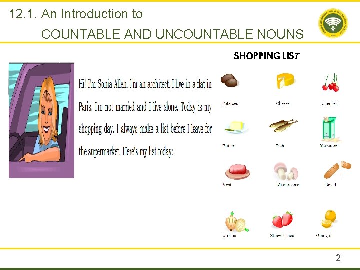 12. 1. An Introduction to COUNTABLE AND UNCOUNTABLE NOUNS SHOPPING LIST 2 
