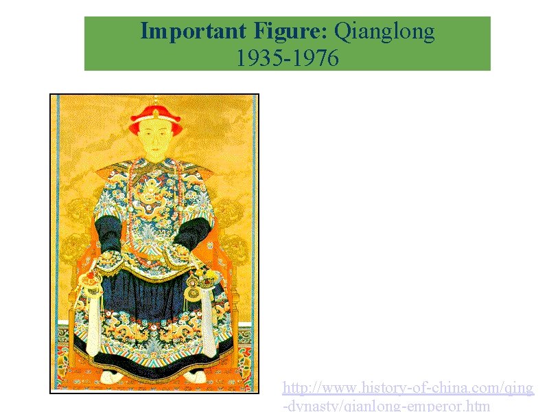 Important Figure: Qianglong 1935 -1976 He skillfully dealt with the relationship between Manchu, Han